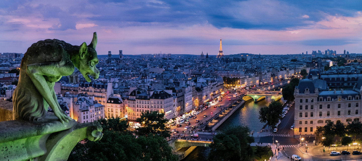 green gargoyle overlooking Paris